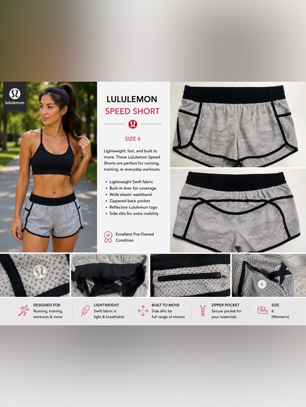 Lululemon Speed Short Women’s Size 6 Gray Black Running Athletic Lined Shorts
